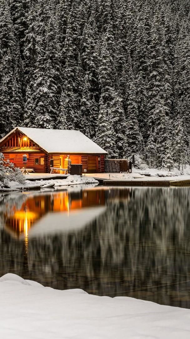 Log Cabin At Lake Louise Wallpaper   Backiee