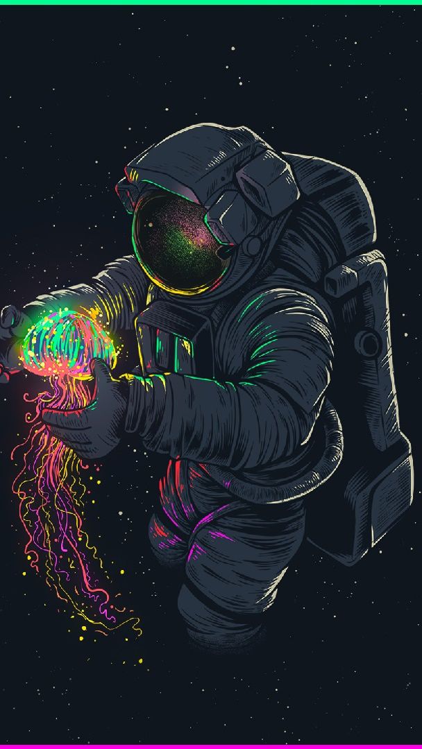 Cosmonaut with neon jellyfish digital art - backiee