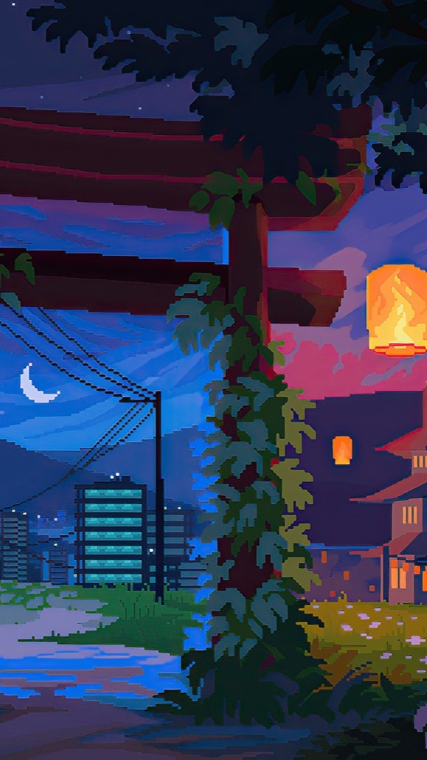 Pixel Art Serenity Under a Crescent Moon - backiee