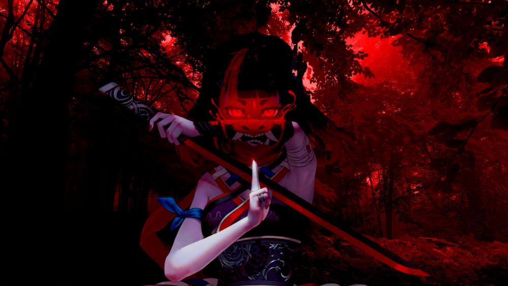 Samurai girl in Oni mask and red glowing eyes wallpaper