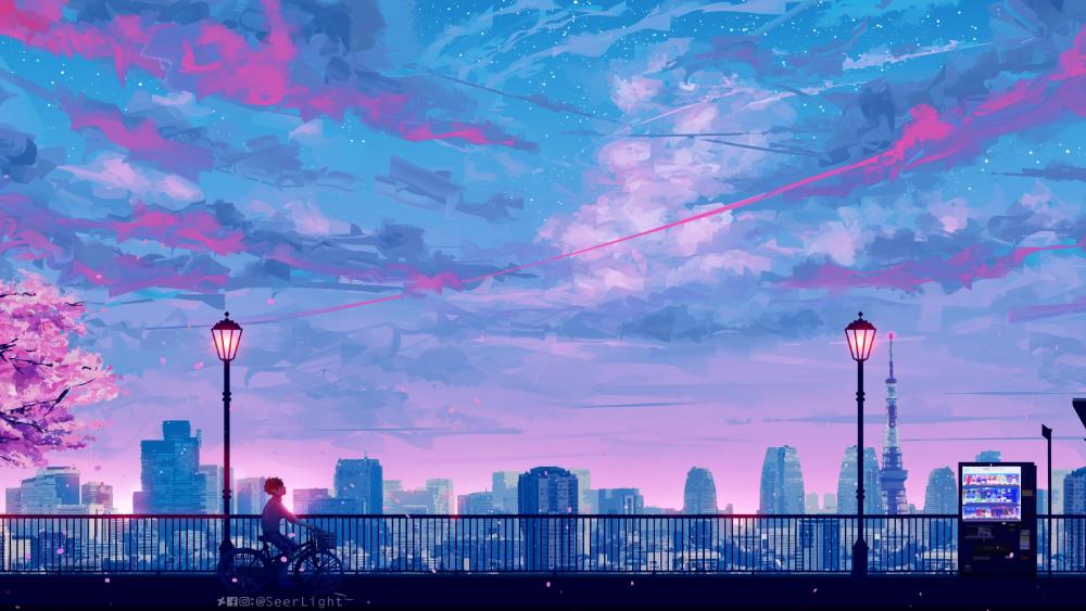 Spring city anime art wallpaper