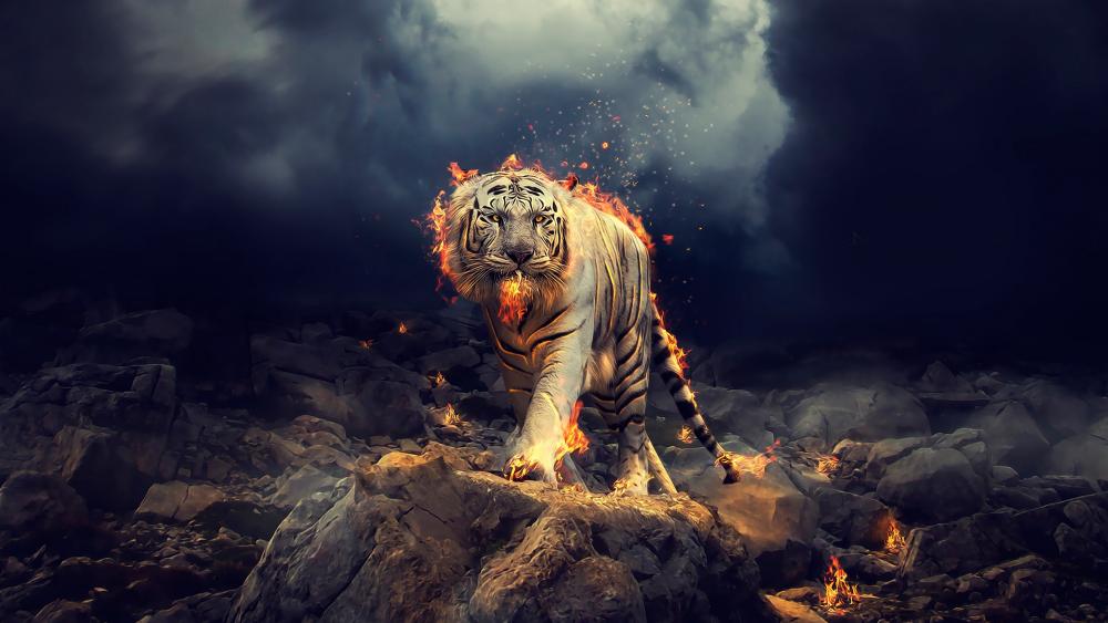 Flaming white tiger - Fantasy digital art wallpaper