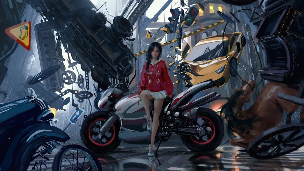 Anime girl with motorcycle wallpaper