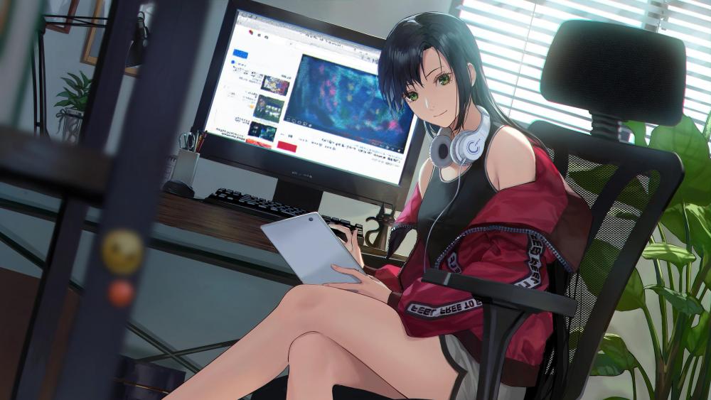 Anime girl with computer wallpaper