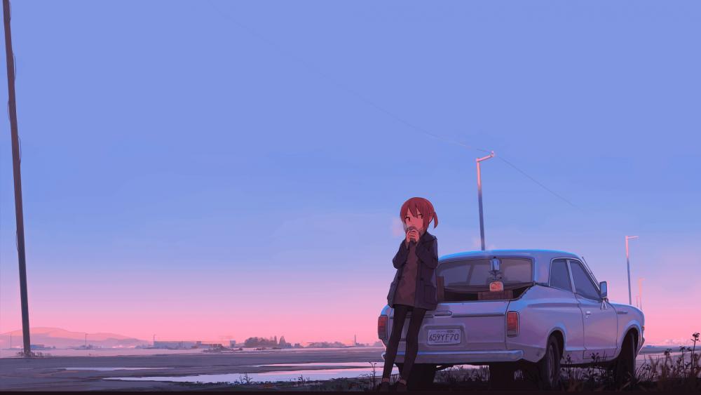Anime Girl Car Drinking Coffee wallpaper