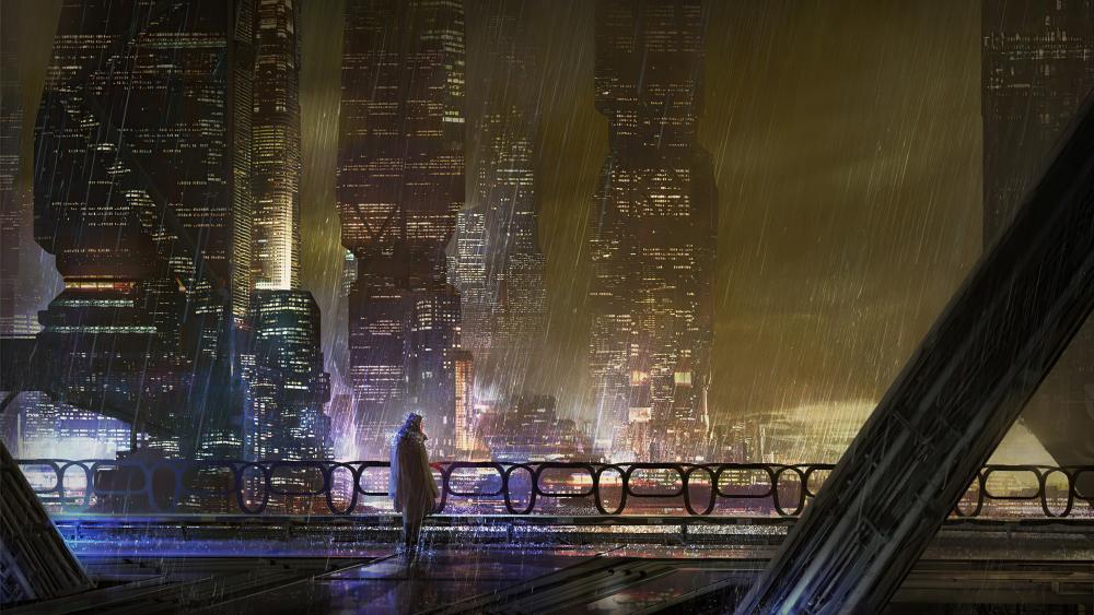Sci-fi city on a rainy night wallpaper
