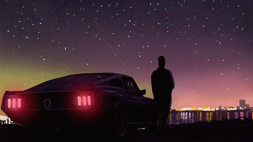 Retrowave night with Ford Mustang wallpaper