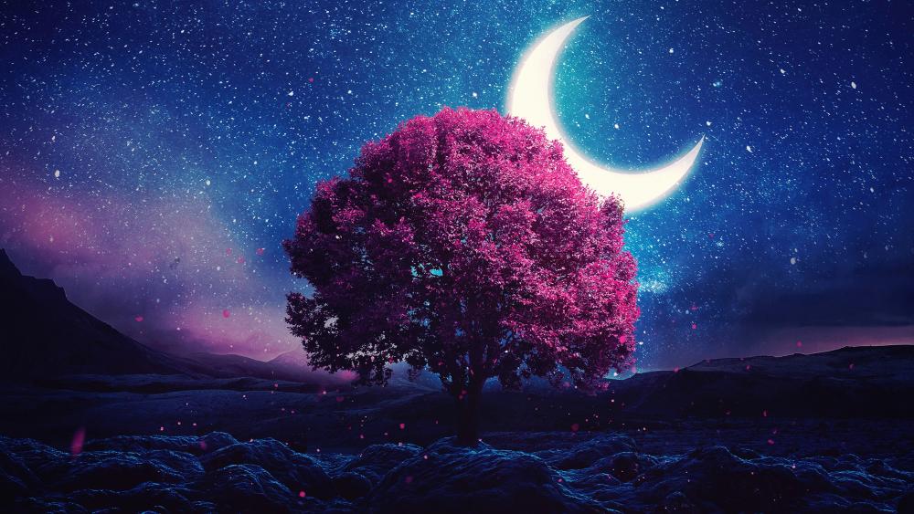 Lone tree in the moonlight wallpaper