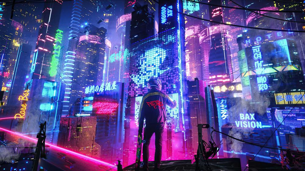 Neon Metropolis Under Starry Skies wallpaper