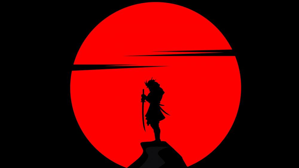 Samurai silhouette in the red sun wallpaper