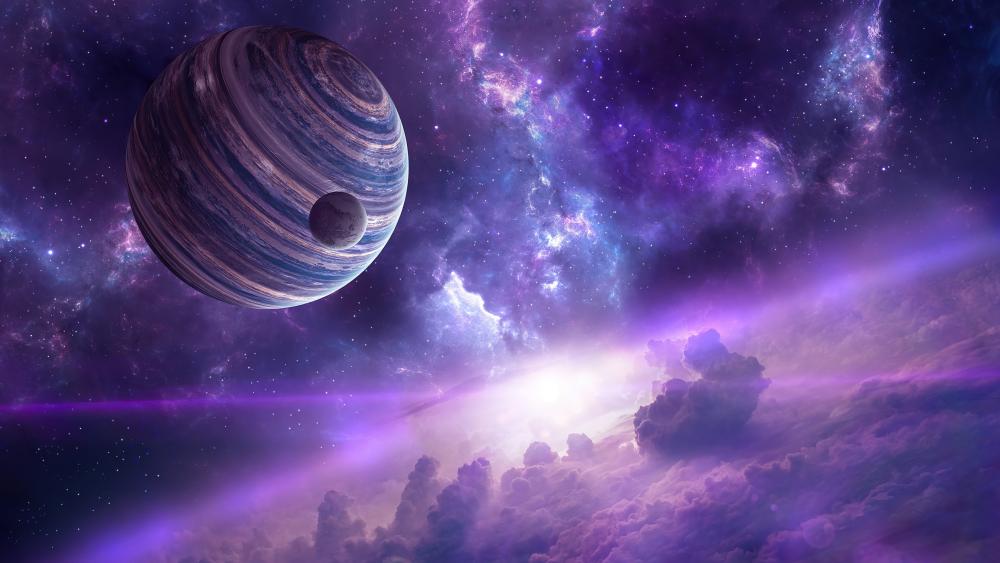 Purple planet with the moon on the star filled sky wallpaper