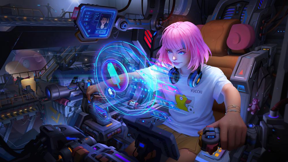 Futuristic Pilot Commanding Her Spacecraft wallpaper