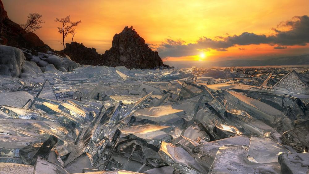 Shaman Rock and the frozen Lake Baikal wallpaper