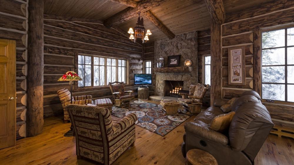 Log cabin interior wallpaper