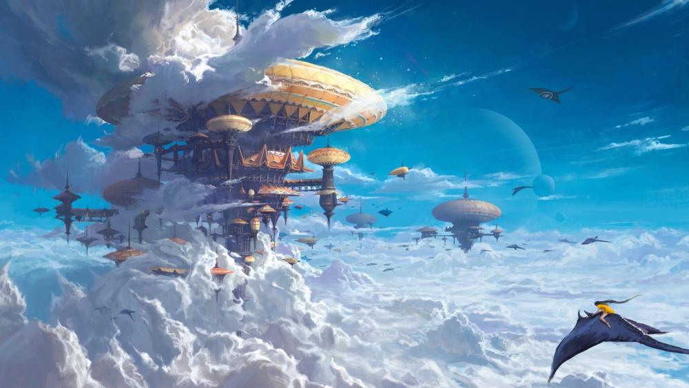 Floating city above the clouds wallpaper