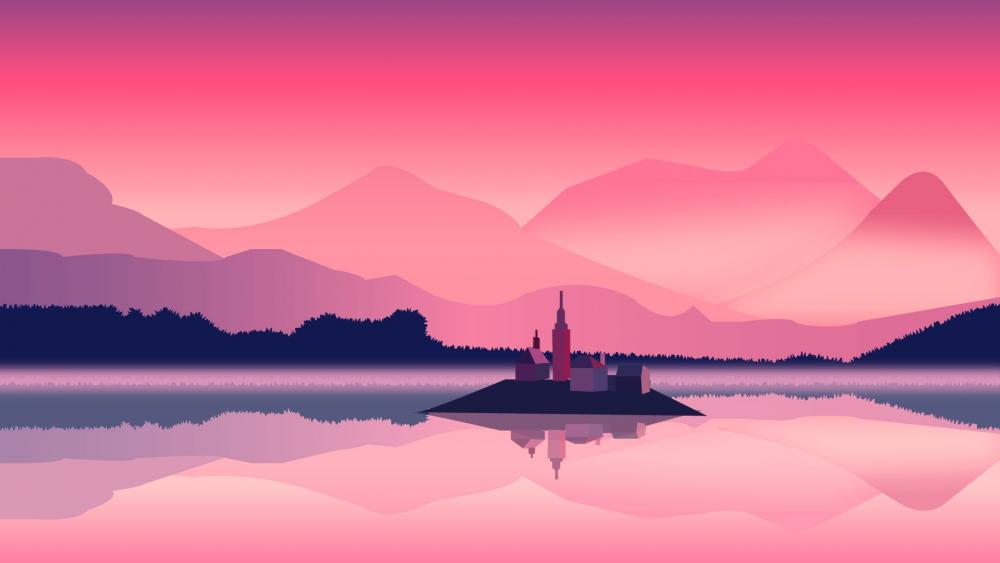 Bled island pink minimal landscape wallpaper