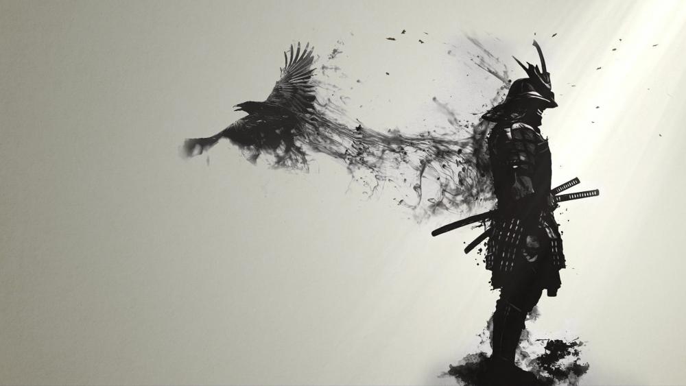 Mystical Samurai Meets Ethereal Raven wallpaper