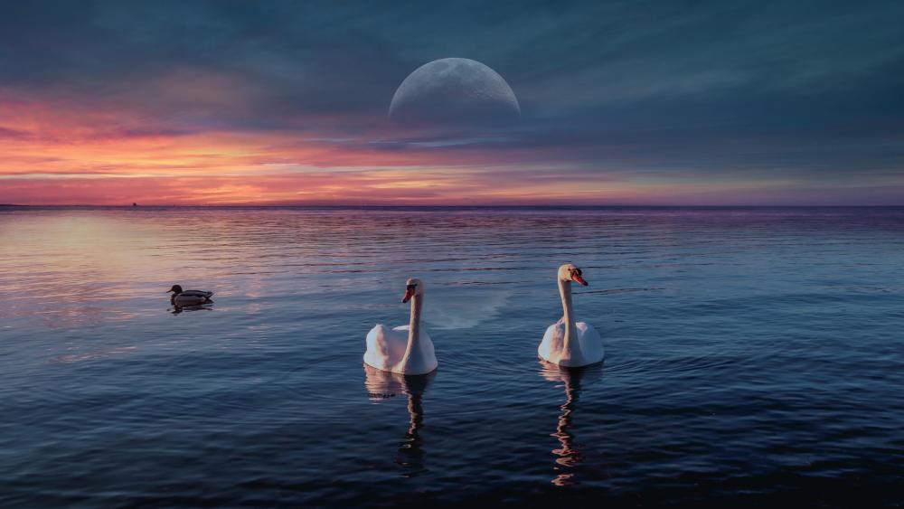 swans-lake-birds-sunset-moon-horizon wallpaper