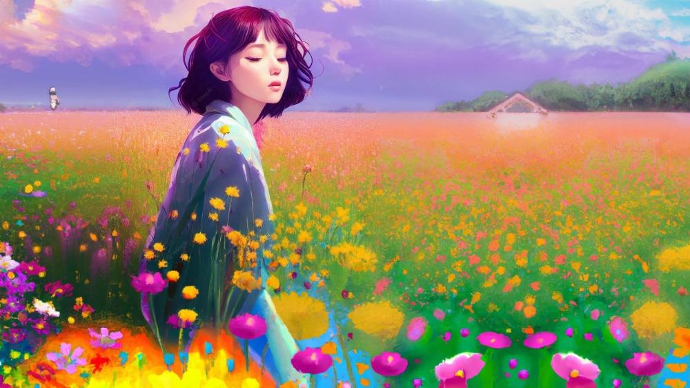 A beautiful short hair girl standing in a field of flowers with illuminated mystical sky wallpaper