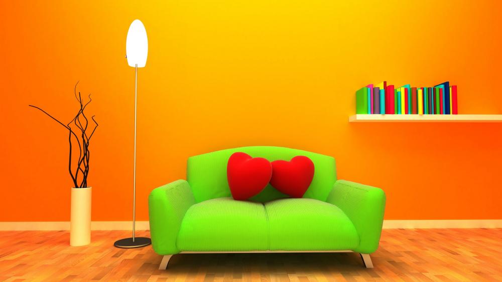 Orange room with a green couch with red heart pillows. wallpaper