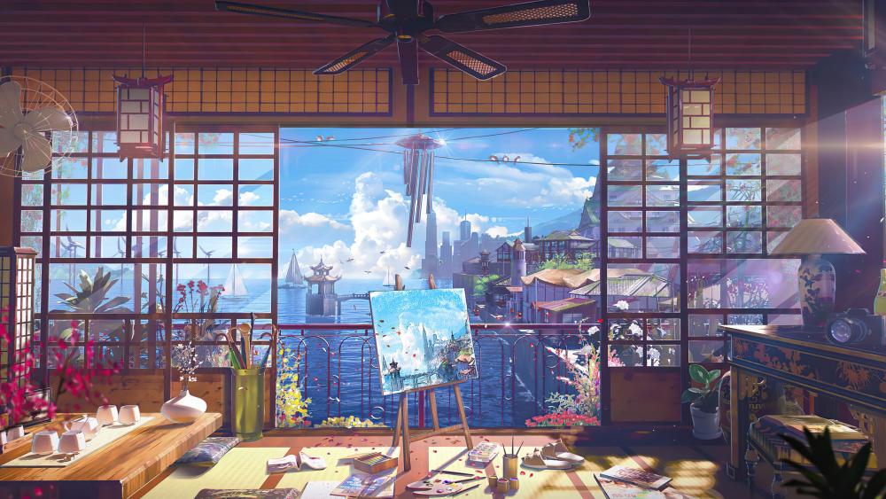 Anime room with city view wallpaper