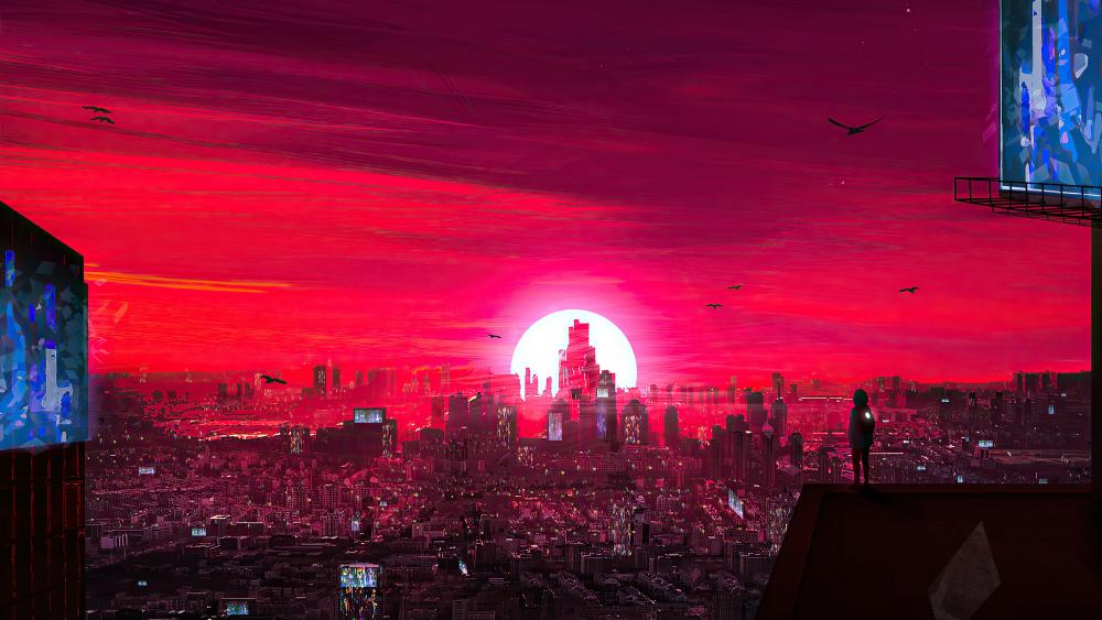 Red cyberpunk sunset wallpaper