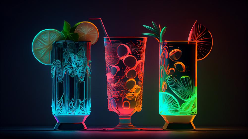 Neon Cocktail Trio Illuminating the Night wallpaper