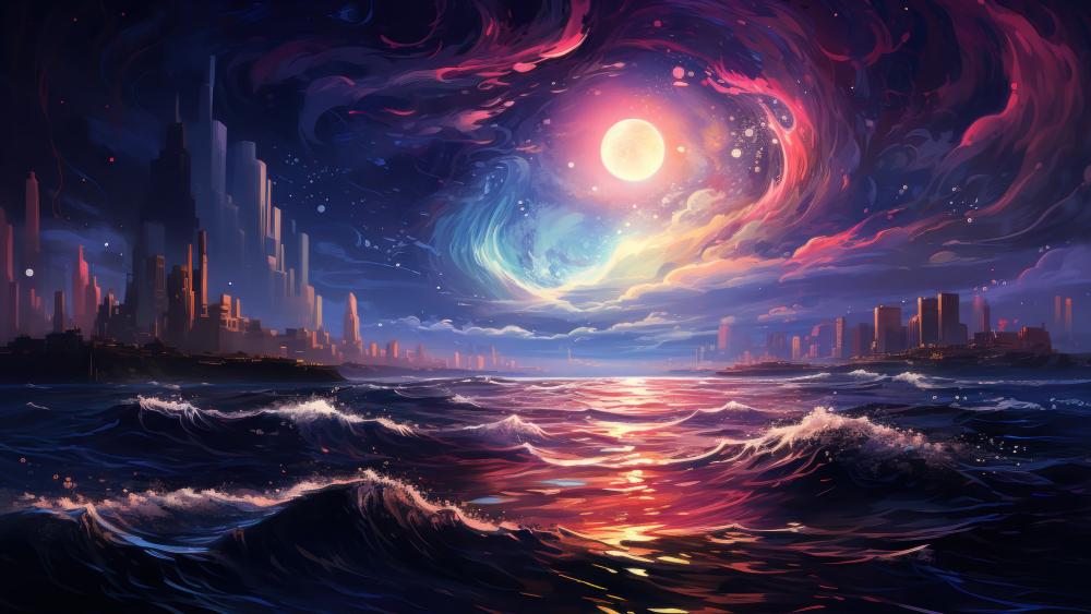 Surreal Cityscape at Cosmic Twilight wallpaper