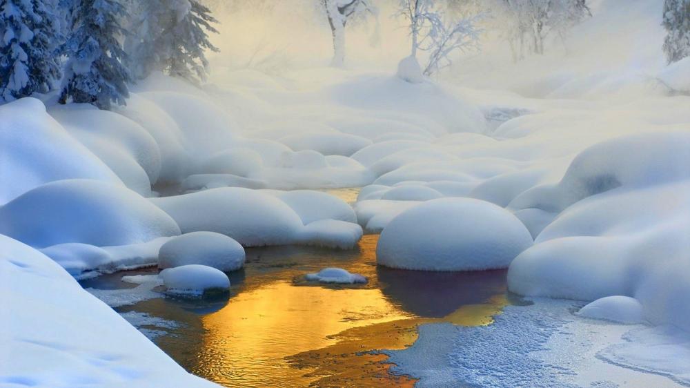 Serene Winter Stream Amidst Snowy Wonderland - Siberian Landscape wallpaper