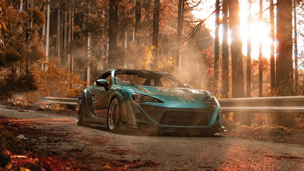Sunset Drive Through Autumn Woods with a Toyota GT86 wallpaper