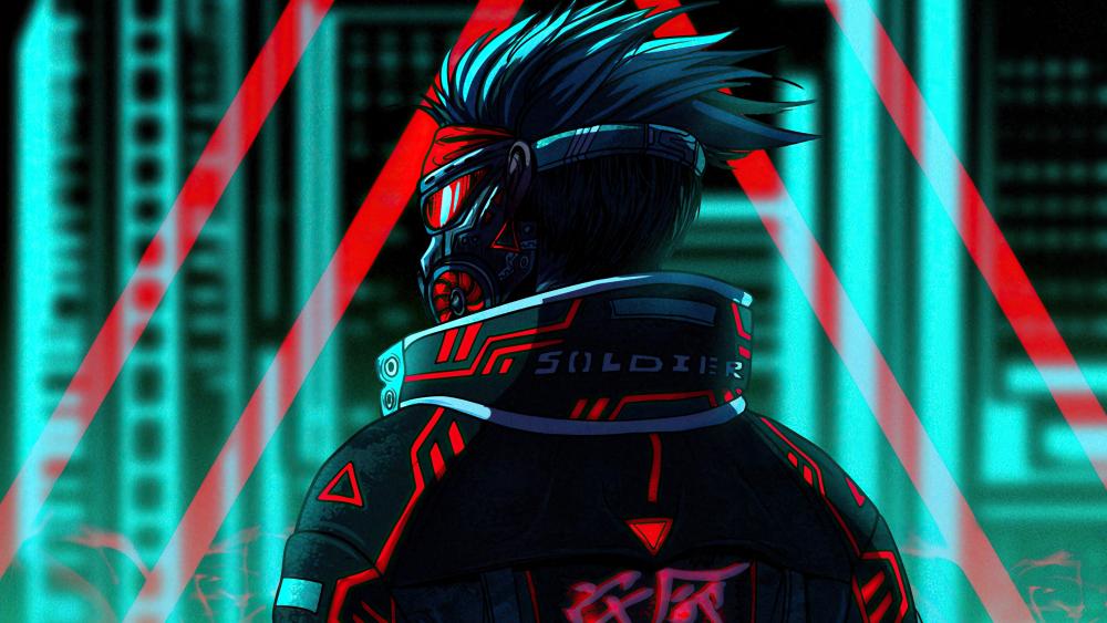 Cyber Ninja Soldier Stands Ready in Neon City wallpaper