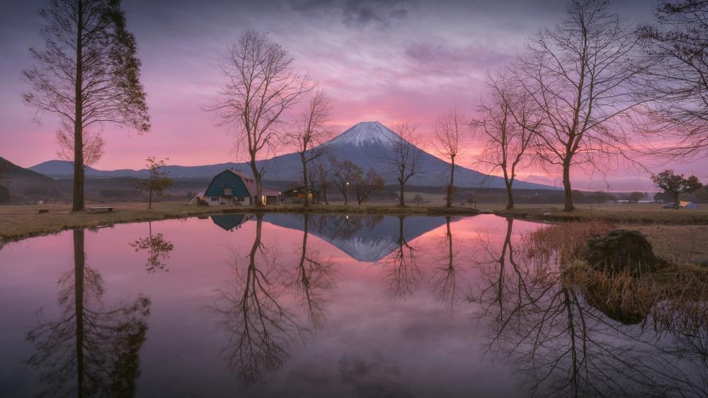 Tranquil Lake Dawn with Majestic Mount Fuji View wallpaper