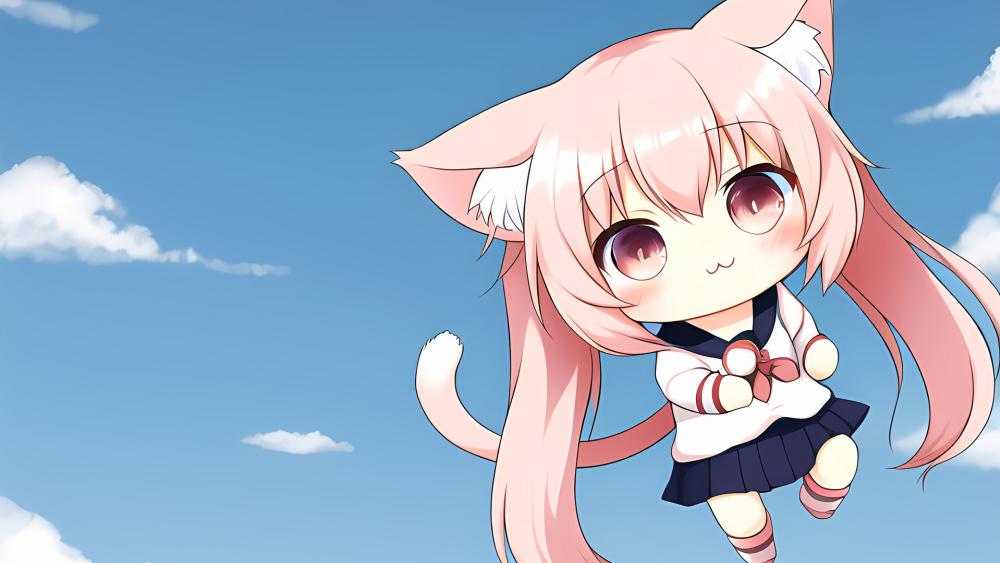 Adorable Anime Cat Girl Soaring High - backiee