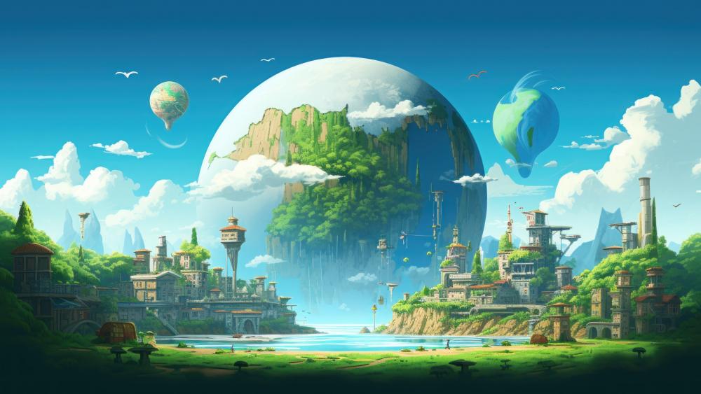 Fantasy World of Floating Islands and Serene Nature wallpaper