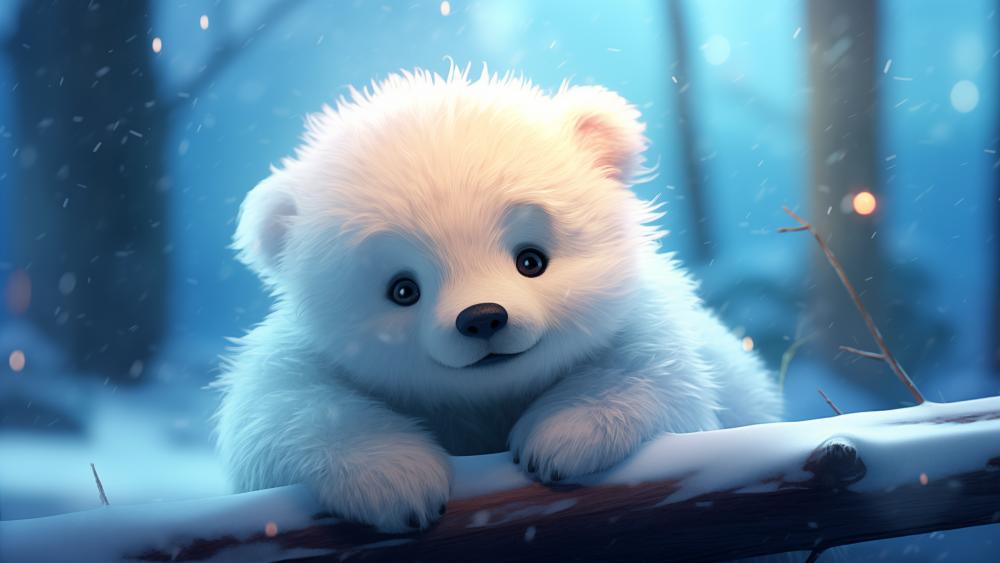 Fuzzy White Cub in Winter Wonderland - backiee