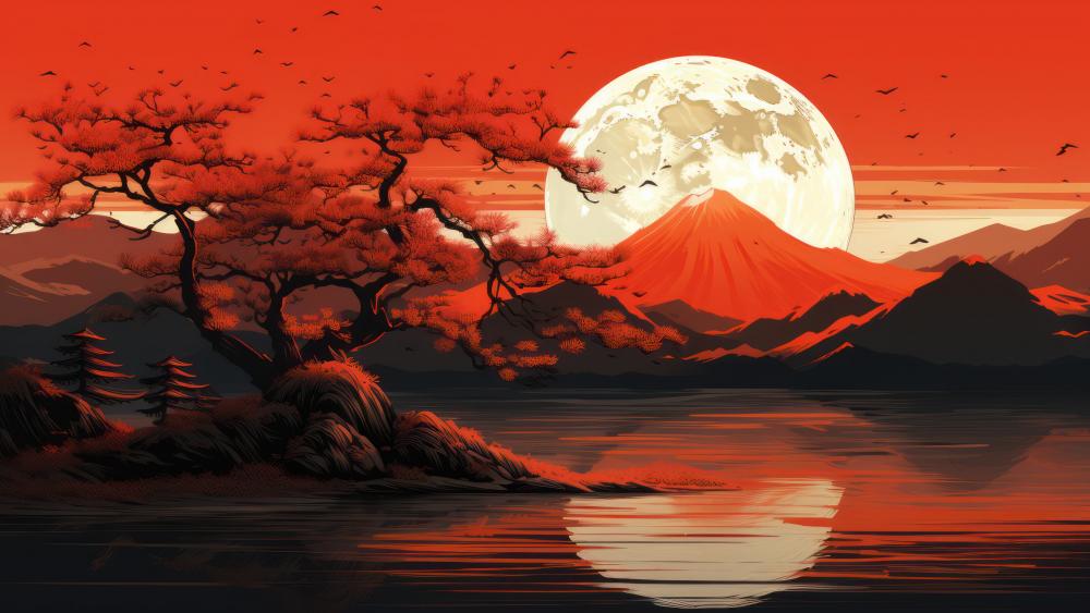 Crimson Sunset Over Mount Fuji wallpaper