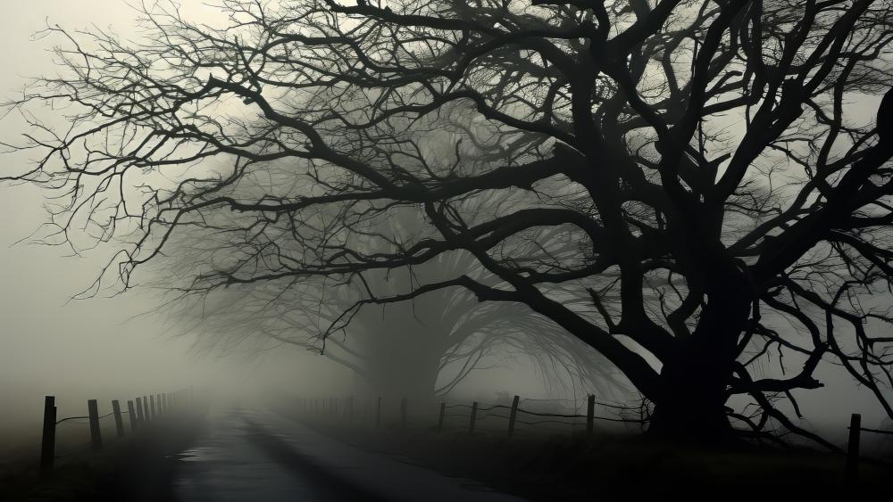 Misty Road Enshrouded by Silhouetted Trees wallpaper