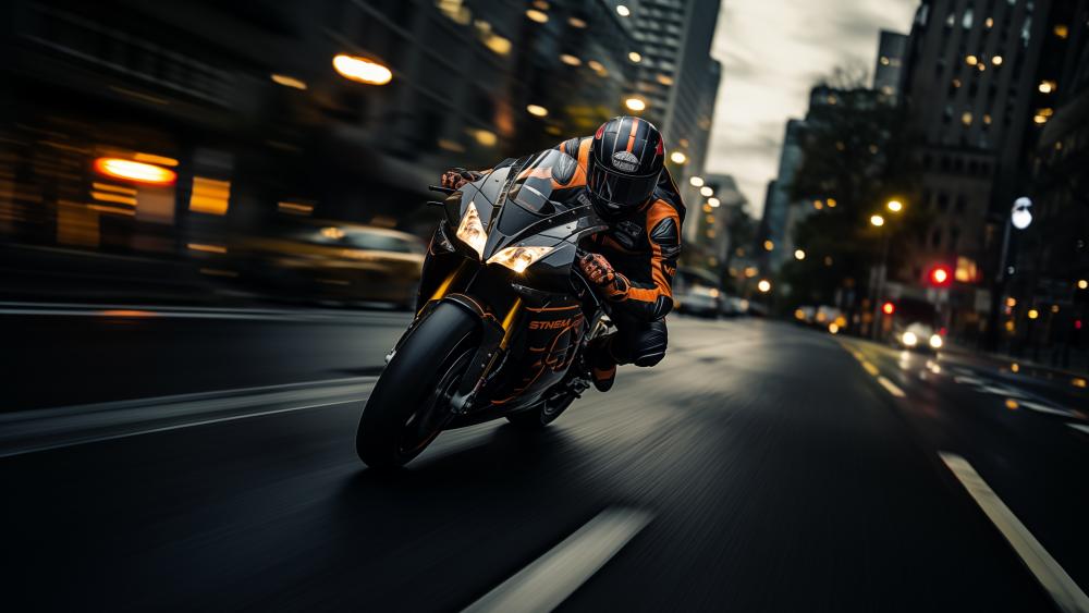 Speeding Motorcycle in Urban Twilight wallpaper