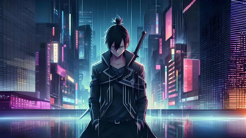 Futuristic Samurai in Neon Metropolis wallpaper