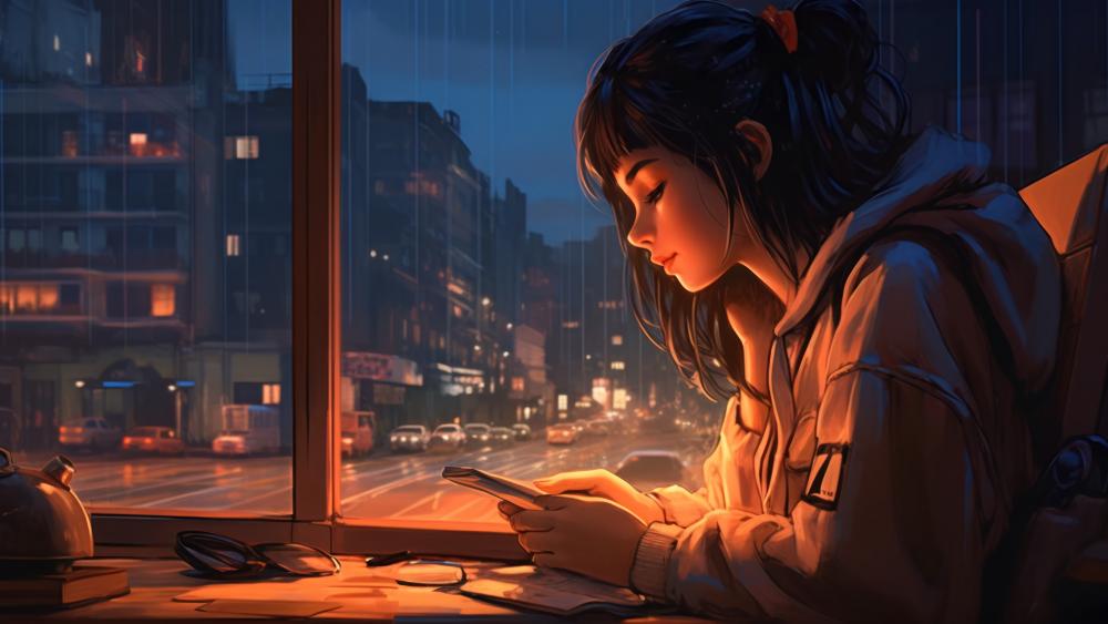 Rainy Night Serenity with Anime Girl wallpaper