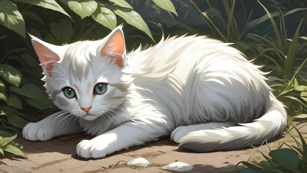 Majestic White Cat in a Lush Garden wallpaper