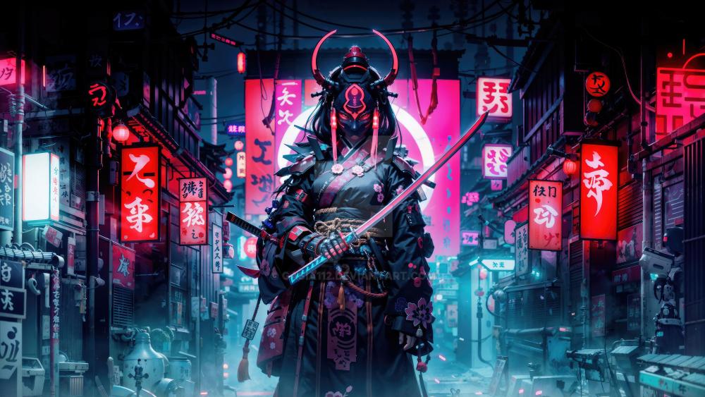 Neon Samurai Warrior in Cyberpunk Tokyo - backiee