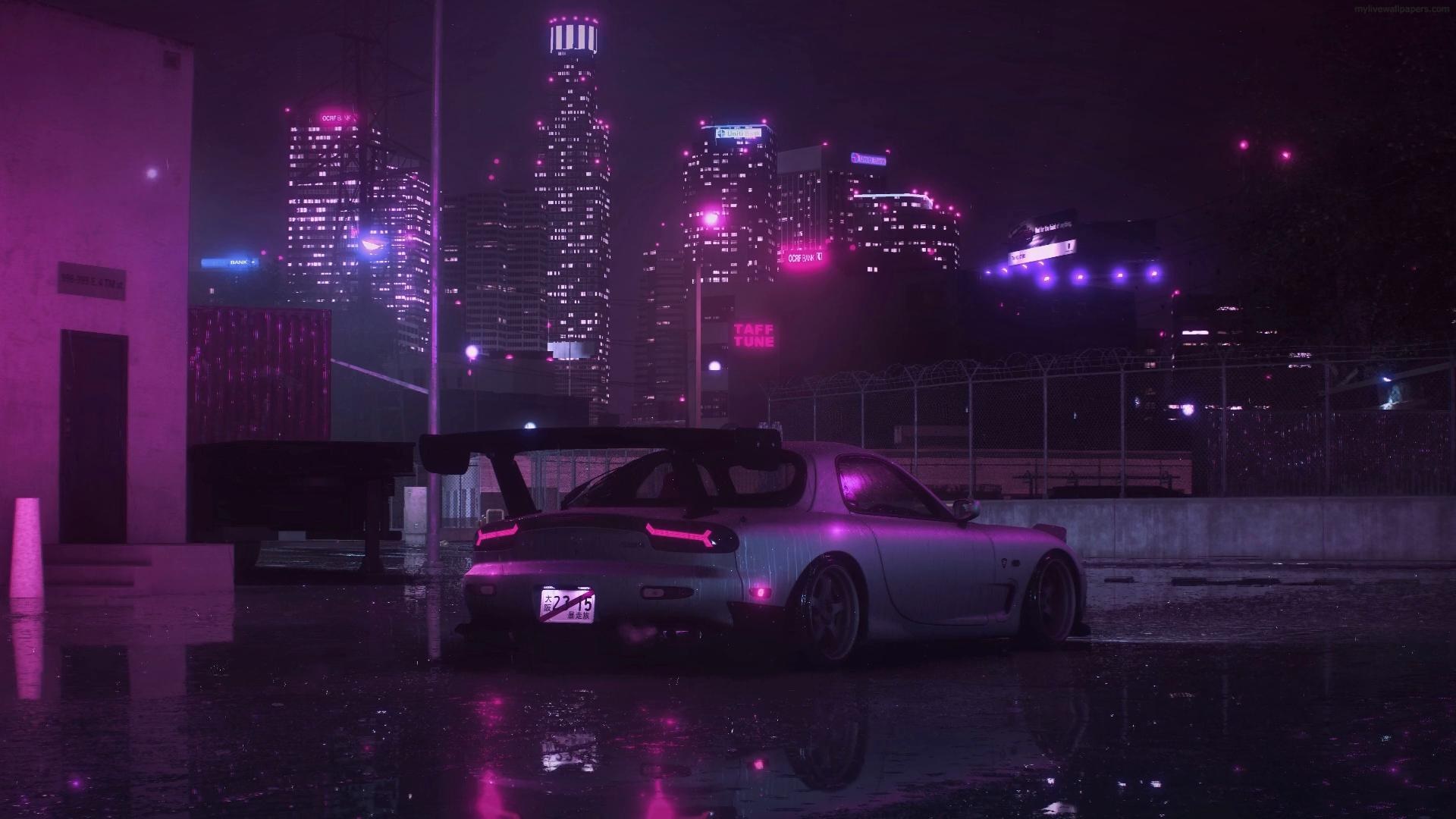 Mysterious Purple RX-7 Under Neon City Lights - backiee