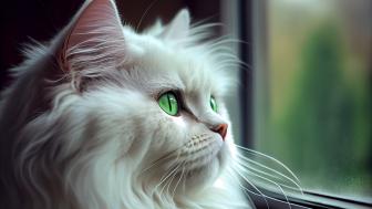 White kitten looks out the window - AI art wallpaper