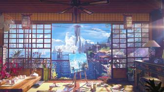 Anime room with city view wallpaper
