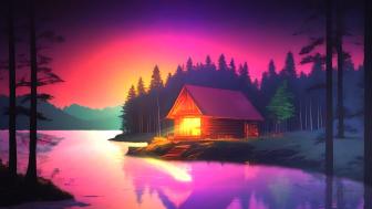 Cabin on a lake and forest. wallpaper