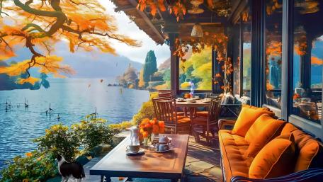 Cafe by the lake wallpaper