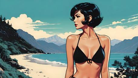 Retro Beach Escape with Stylish Woman wallpaper