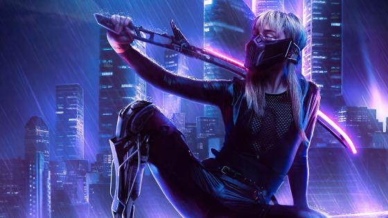 Cyberpunk girl in city - backiee