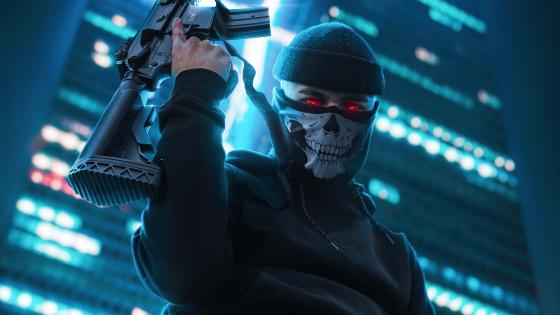 Boy with skull mask and AK-47 wallpaper